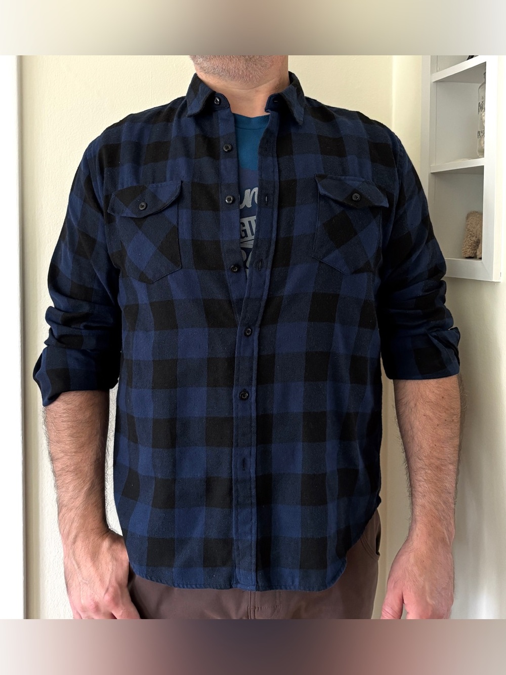 Dark Blue and Black buffalo Plaid Button front long sleeve cotton Shirt